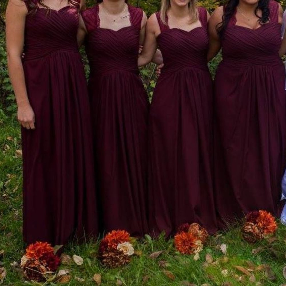 Floor length chiffon burgundy bridesmaids dress